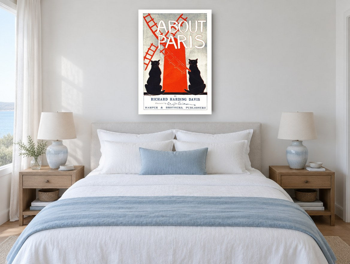 Cats at the Red Mill vintage canvas print on the wall of a coastal bedroom