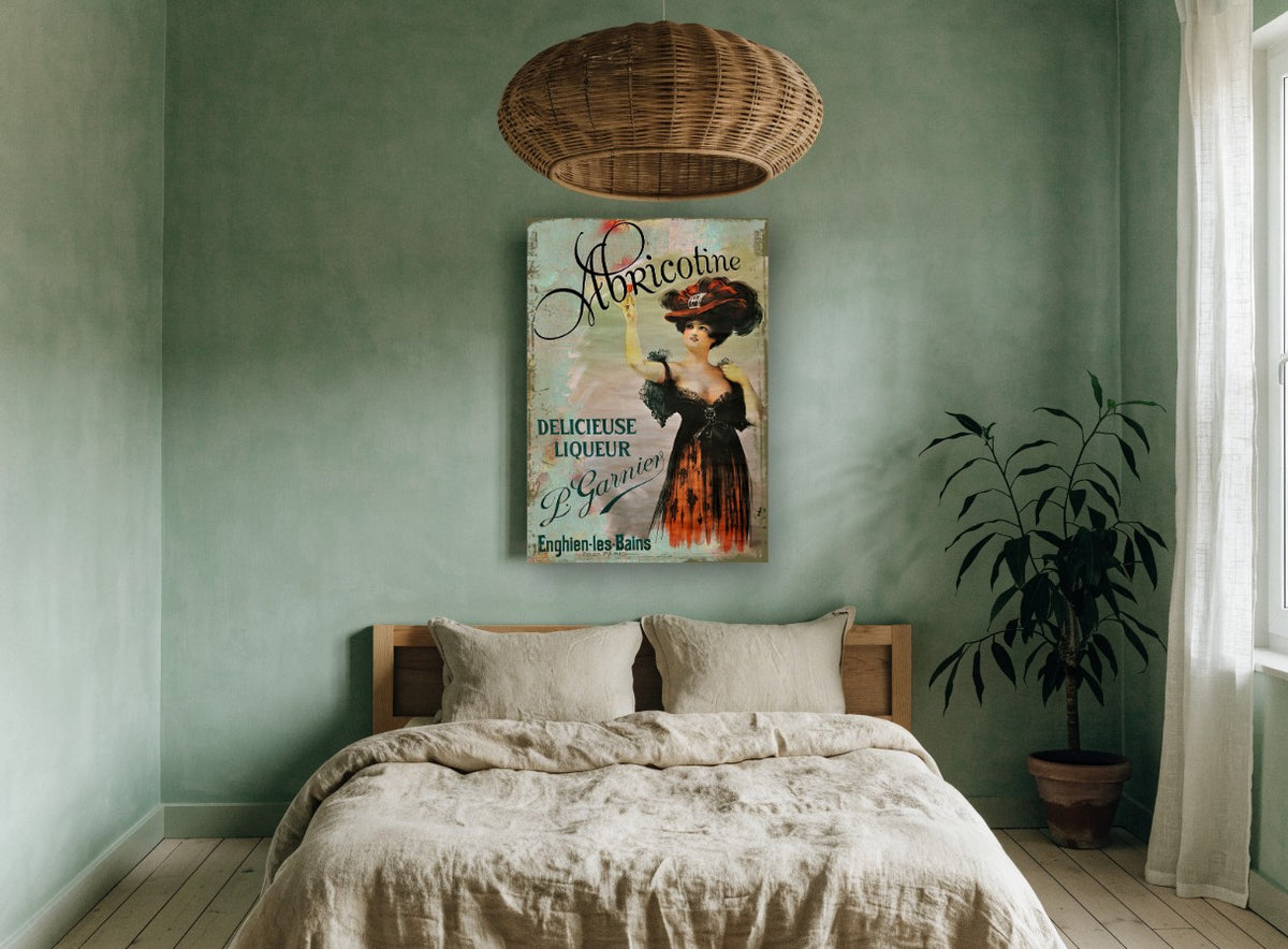 Abricotine Liqueur Lady vintage canvas print on the wall of a bedroom