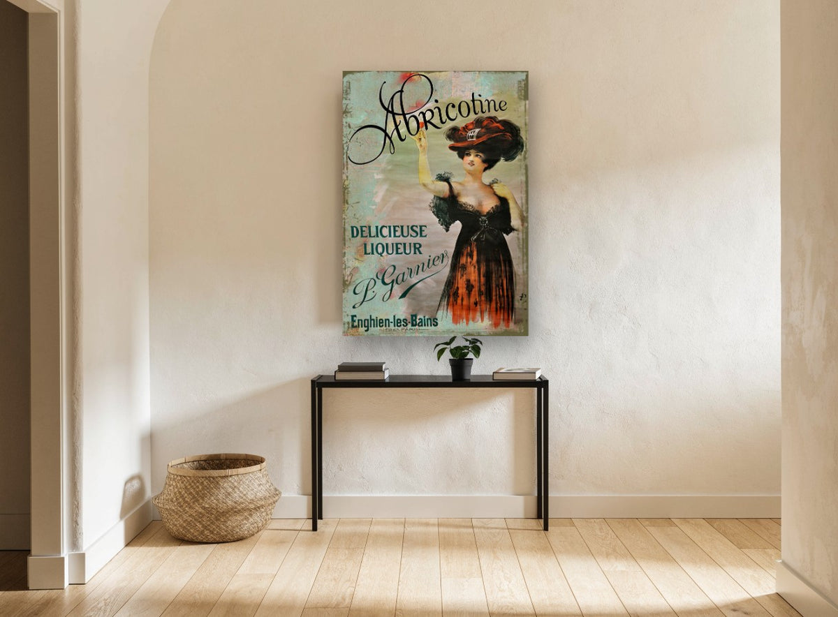Abricotine Liqueur Lady vintage canvas print on the wall of a hallway