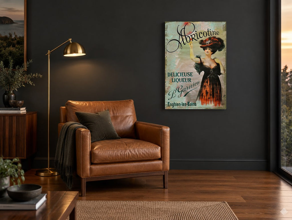 Abricotine Liqueur Lady vintage canvas print on the wall of a charcoal living room