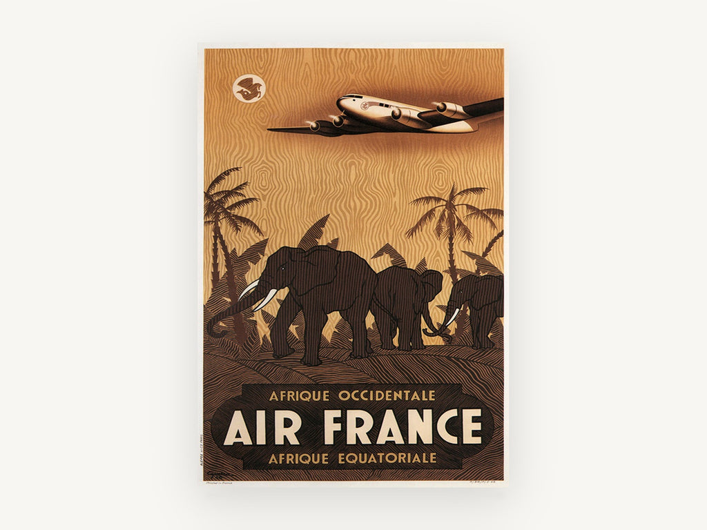 Air France Elephant Safari, vintage canvas wall art print, front view