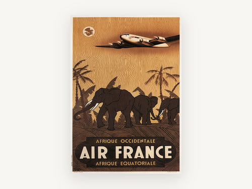 Air France Elephant Safari, vintage canvas wall art print, front view