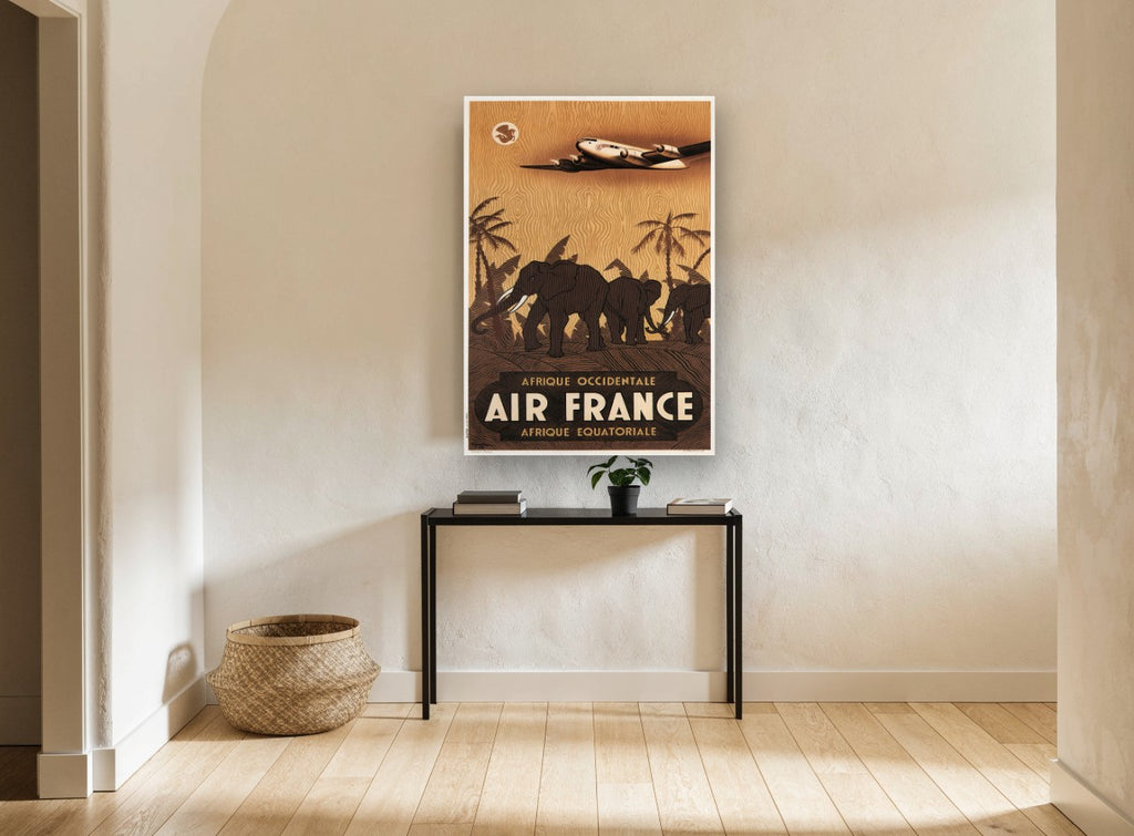 Air France Elephant Safari vintage canvas print on the wall of a hallway