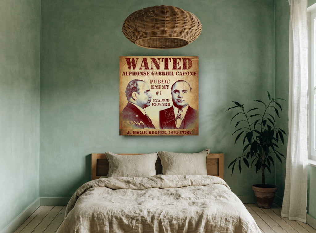 Public Enemy Number One vintage canvas print on the wall of a bedroom