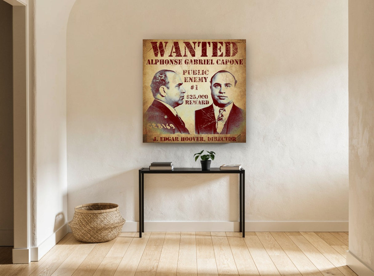Public Enemy Number One vintage canvas print on the wall of a hallway
