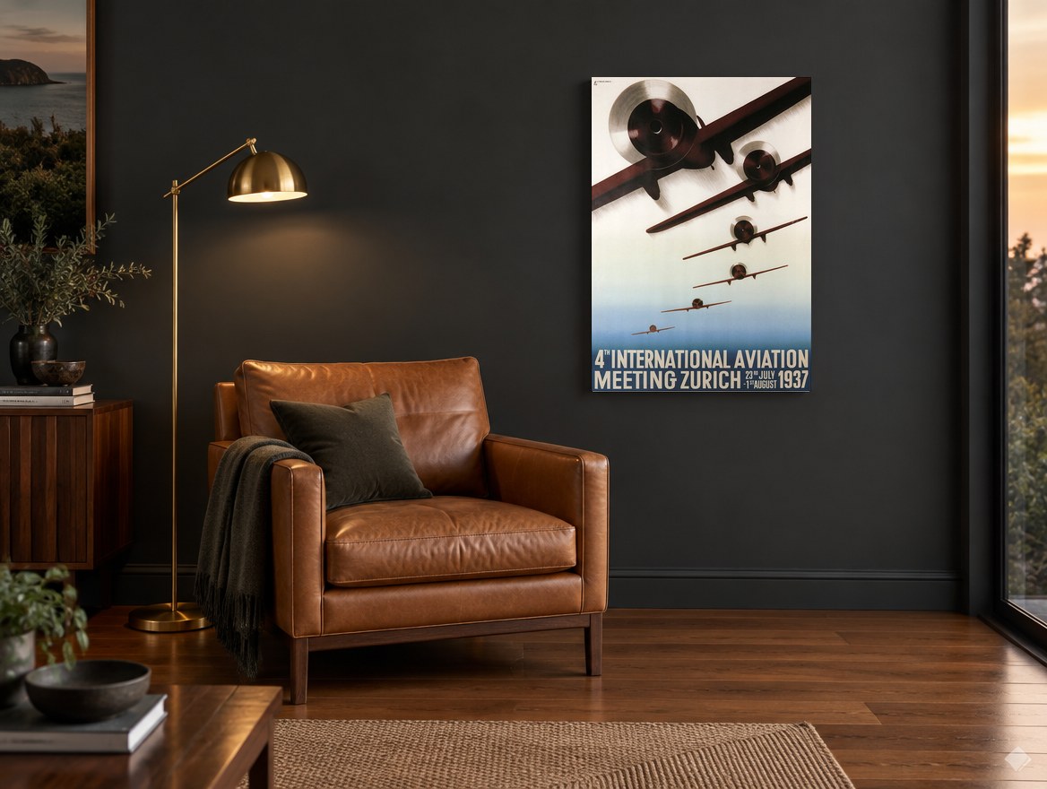 Zurich Air Meeting vintage canvas print on the wall of a charcoal living room