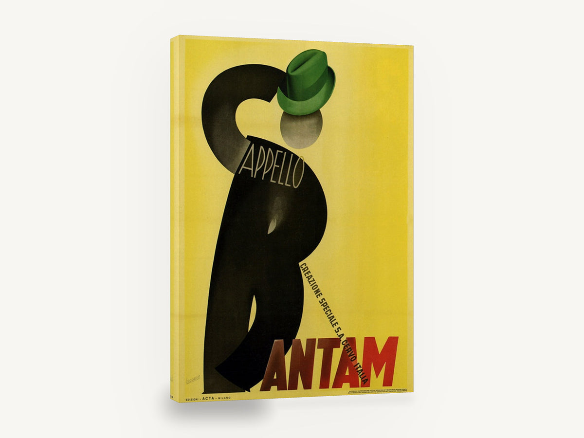 Green Hat Silhouette, vintage italian hat advertising poster, stretched canvas wall art print ready to hang