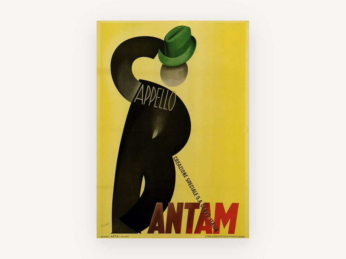 Green Hat Silhouette, vintage canvas wall art print, front view