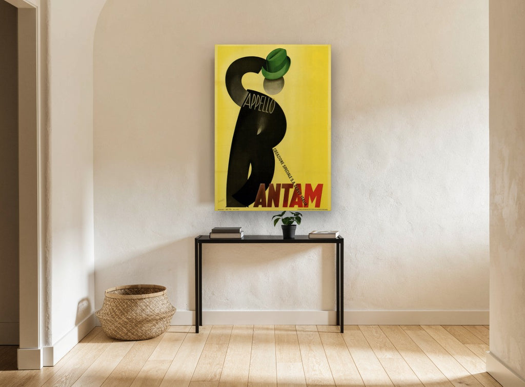 Green Hat Silhouette vintage canvas print on the wall of a hallway