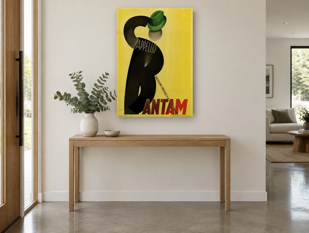 Green Hat Silhouette vintage canvas print on the wall of a entry hall