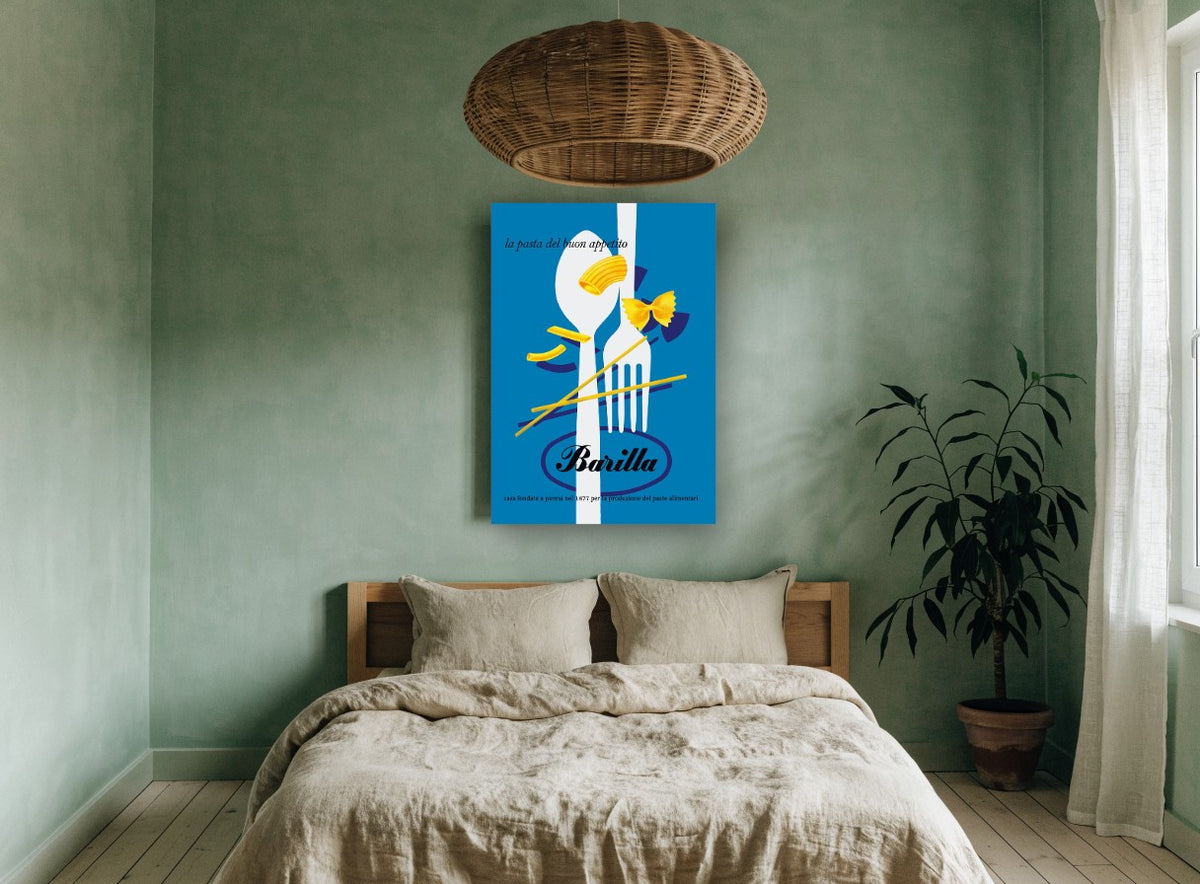 Barilla Pasta Appetito vintage canvas print on the wall of a bedroom