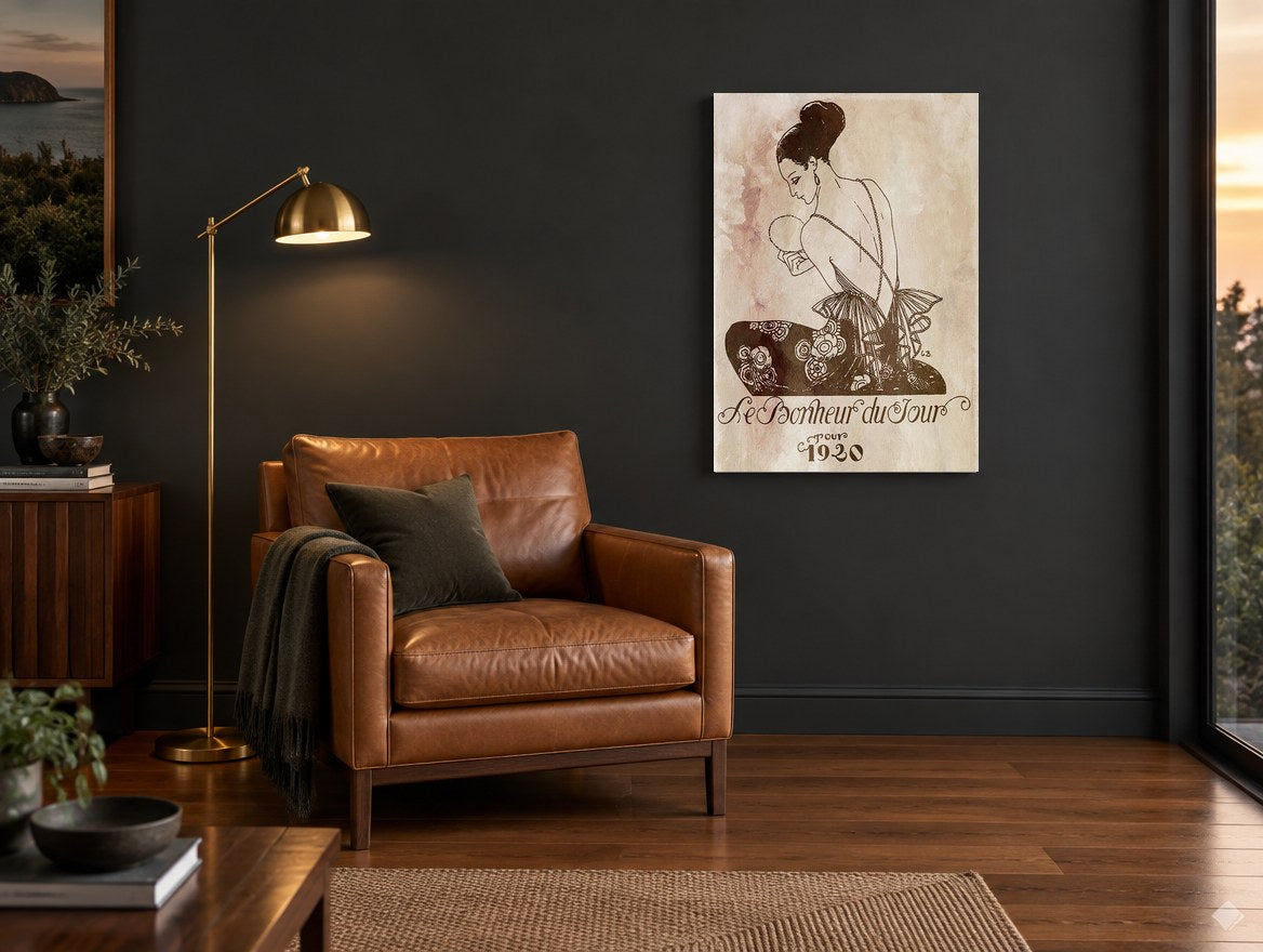 Le Bonheur du Jour vintage canvas print on the wall of a charcoal living room