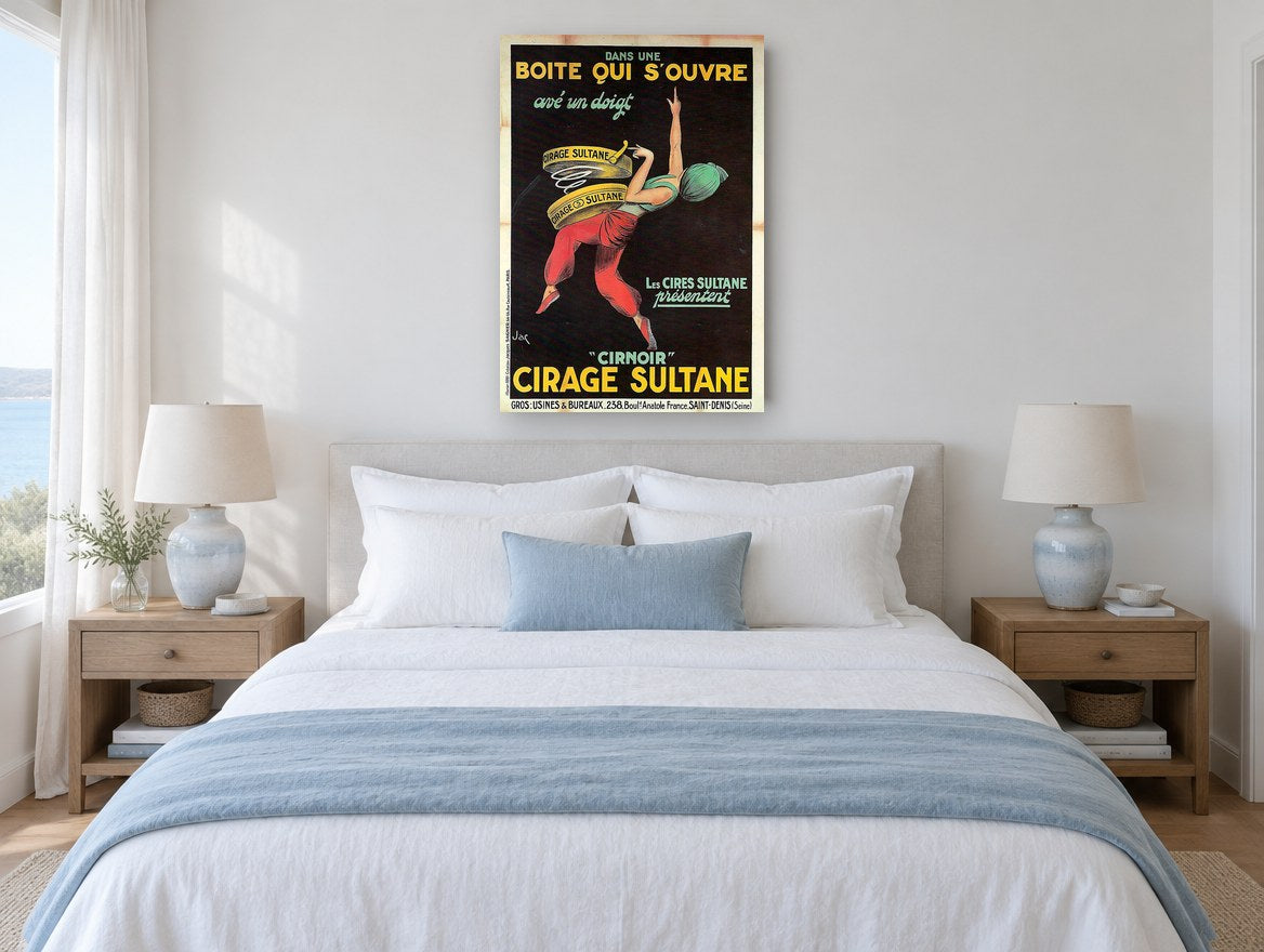 Sultane Boot Polish Dancer vintage canvas print on the wall of a coastal bedroom