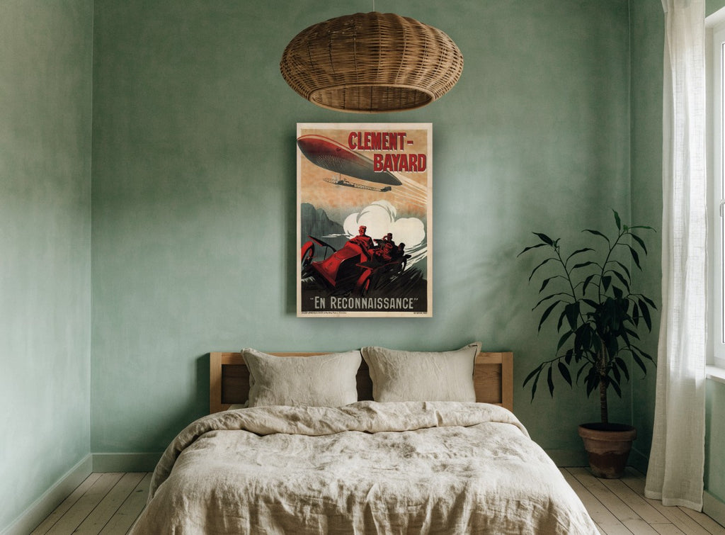 Reconnaissance Car and Airship vintage canvas print on the wall of a bedroom