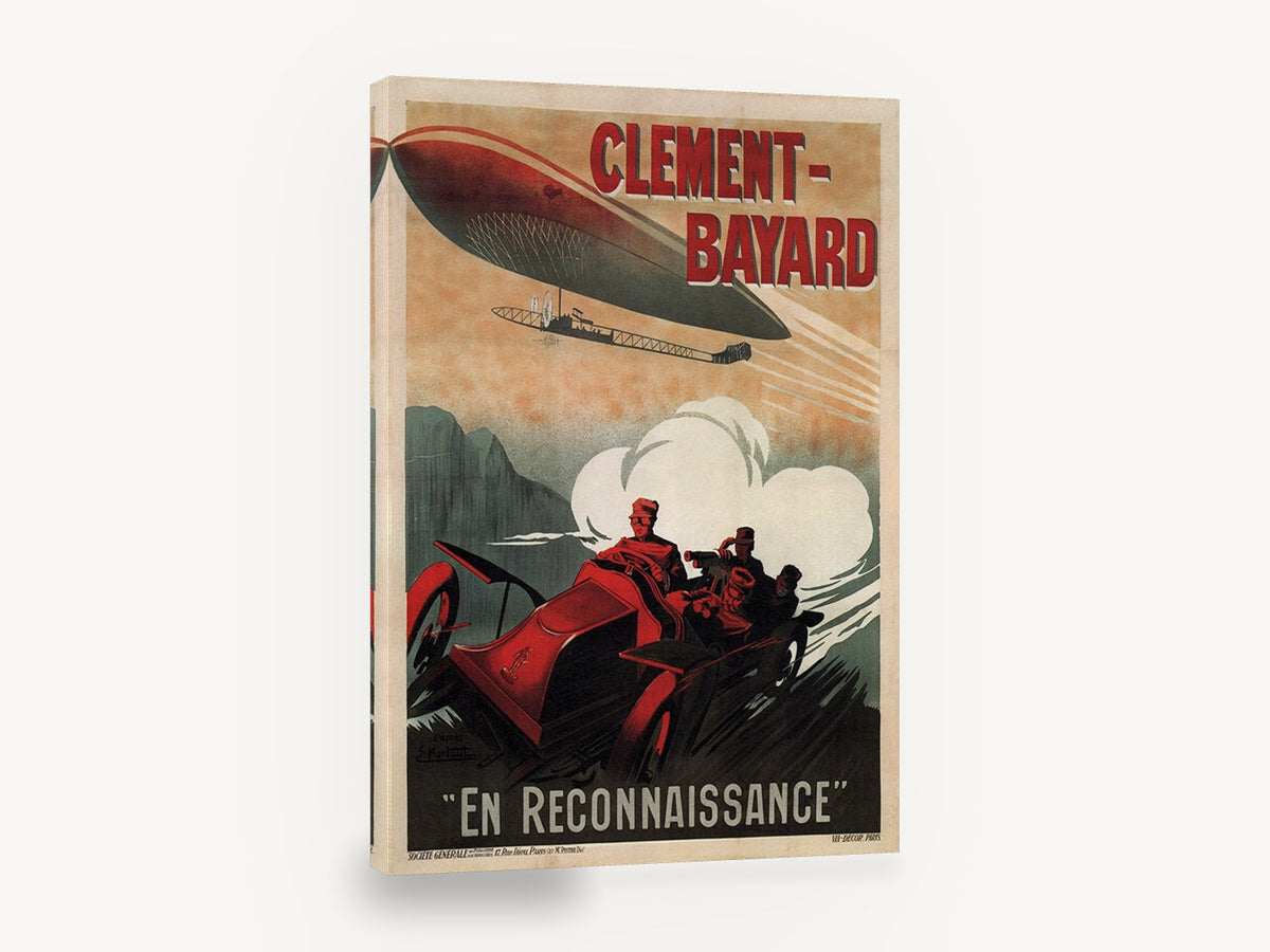Reconnaissance Car and Airship, vintage clement-bayard airship car poster, stretched canvas wall art print ready to hang