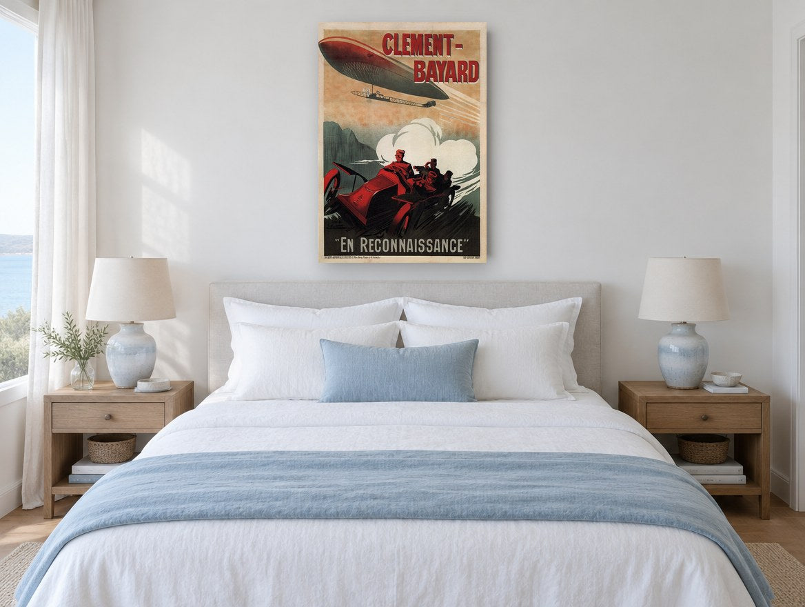Reconnaissance Car and Airship vintage canvas print on the wall of a coastal bedroom