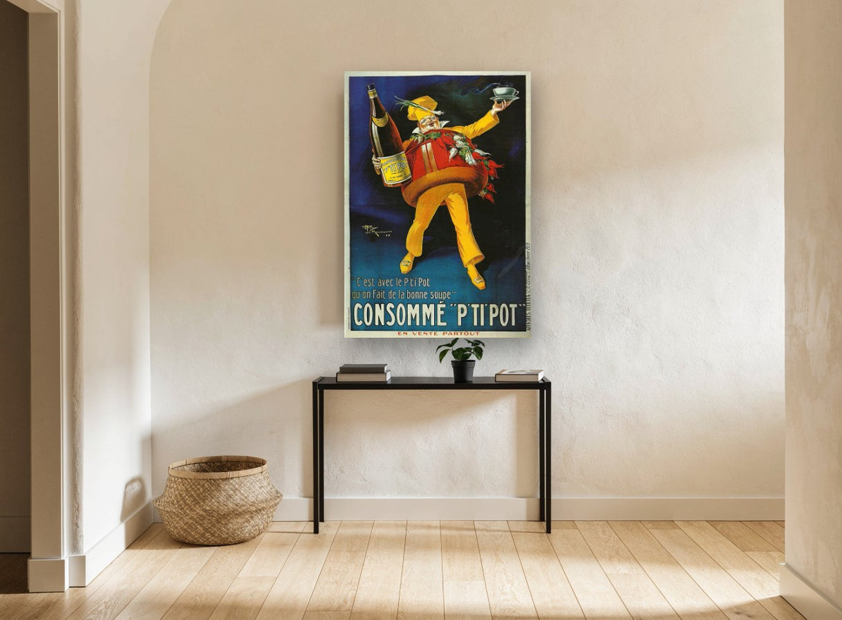 Soup Chef With Bottle vintage canvas print on the wall of a hallway