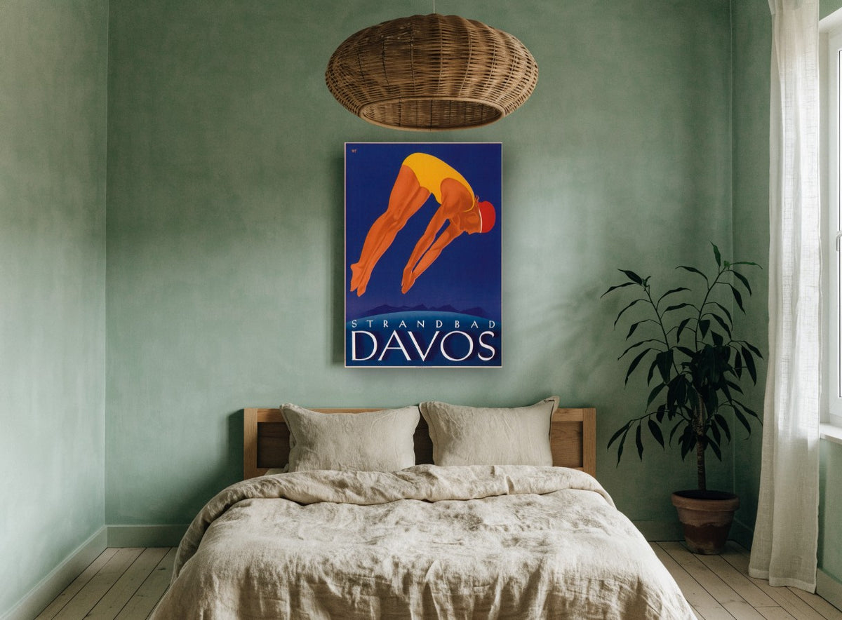 Davos Diver vintage canvas print on the wall of a bedroom