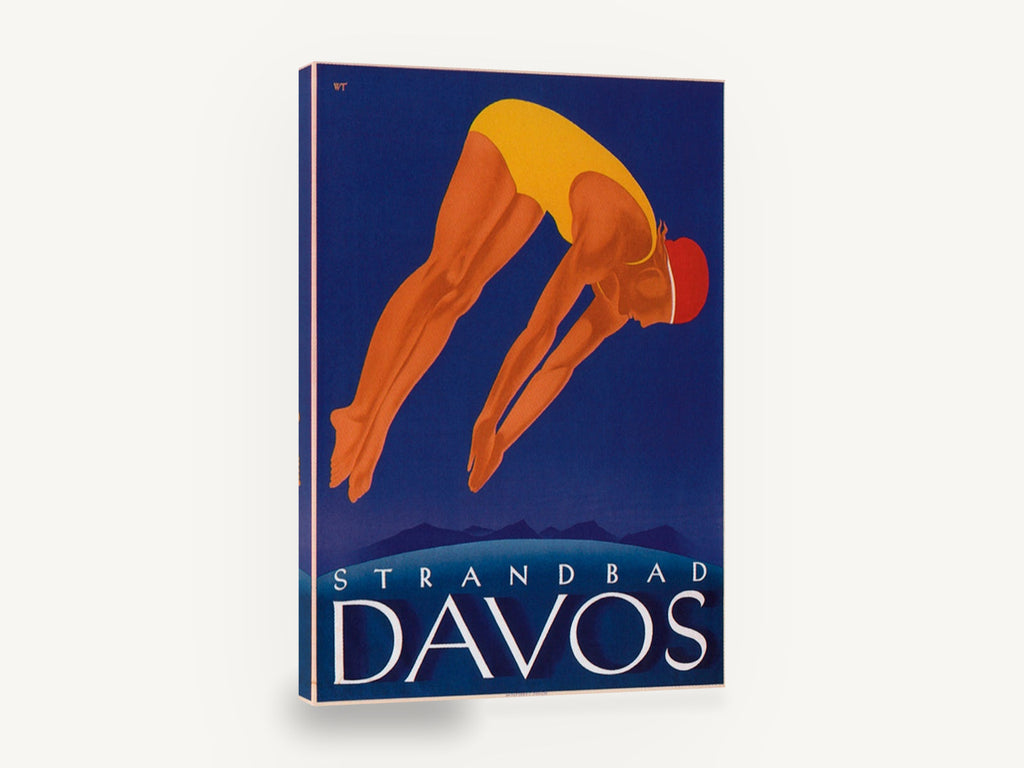 Davos Diver, vintage strandbad davos diving poster, stretched canvas wall art print ready to hang