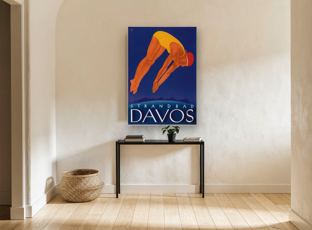 Davos Diver vintage canvas print on the wall of a hallway