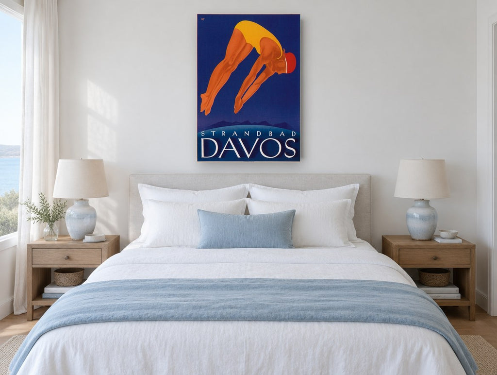 Davos Diver vintage canvas print on the wall of a coastal bedroom