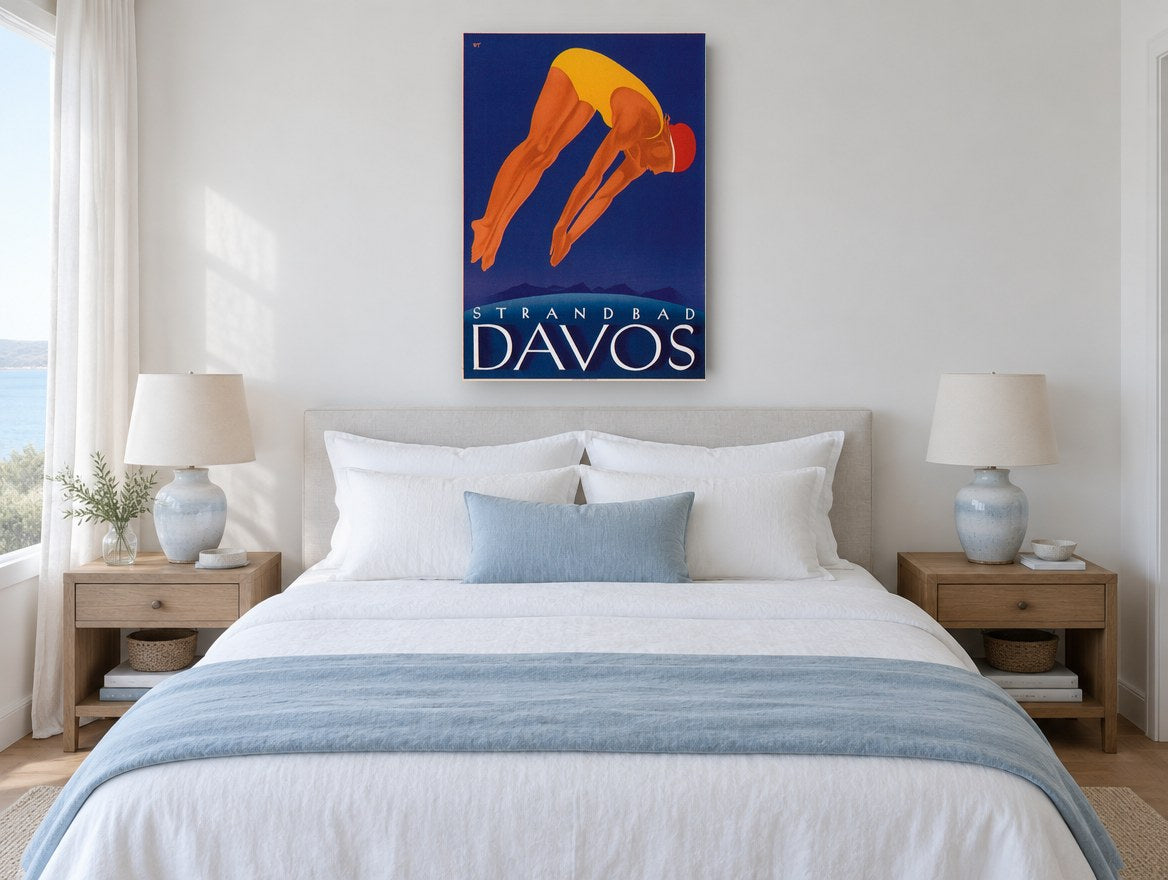Davos Diver vintage canvas print on the wall of a coastal bedroom