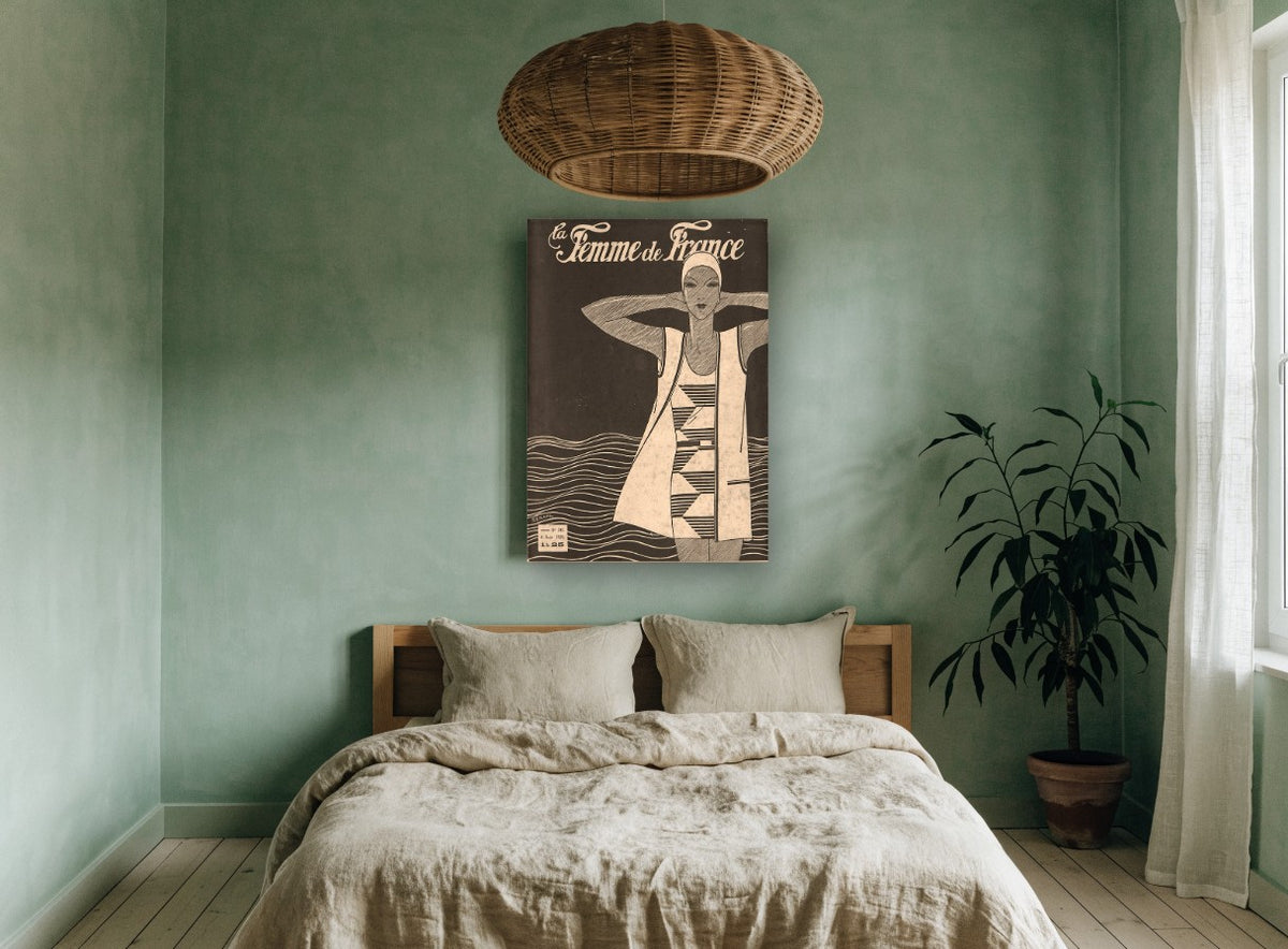 Bather by the Waves vintage canvas print on the wall of a bedroom