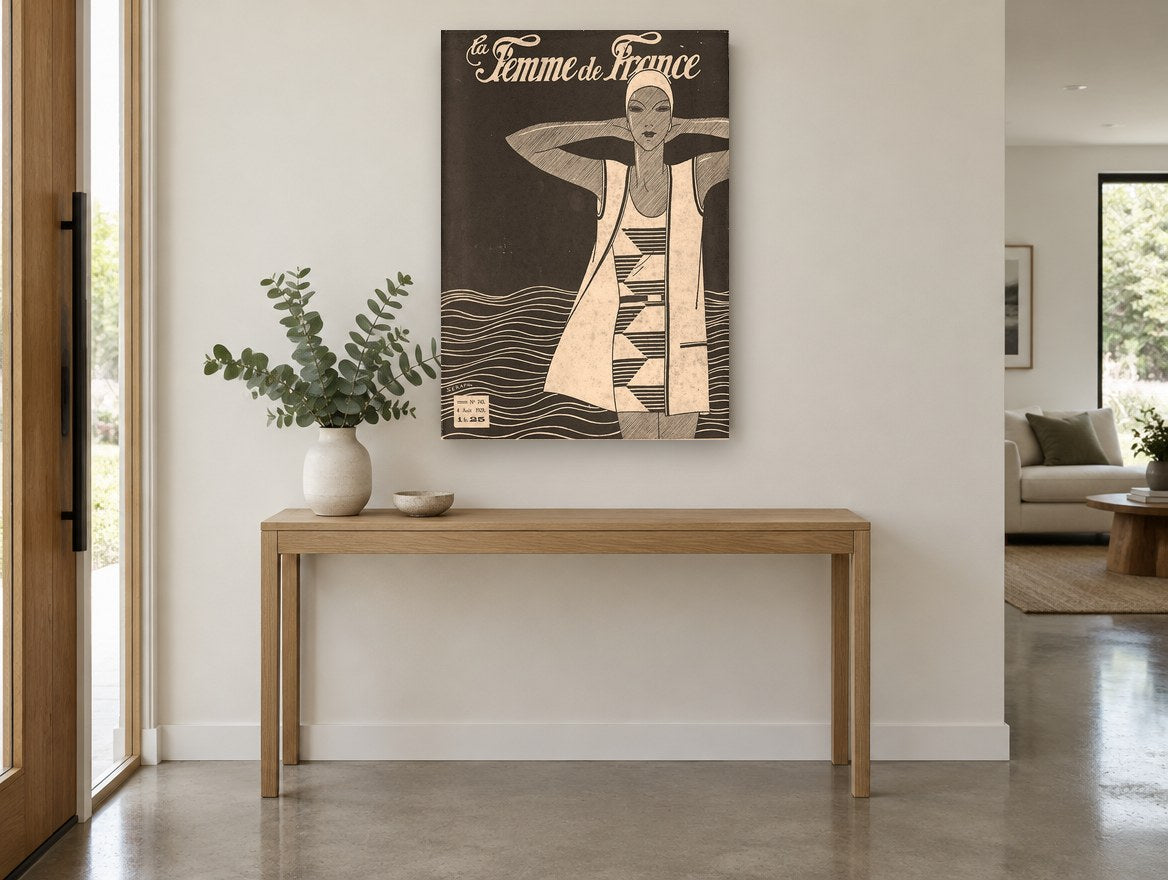 Bather by the Waves vintage canvas print on the wall of a entry hall