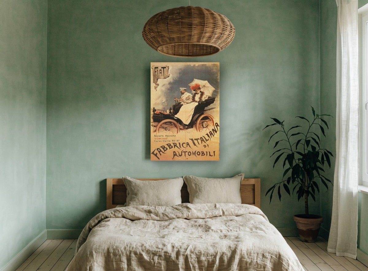 Fiat Motoring Couple vintage canvas print on the wall of a bedroom