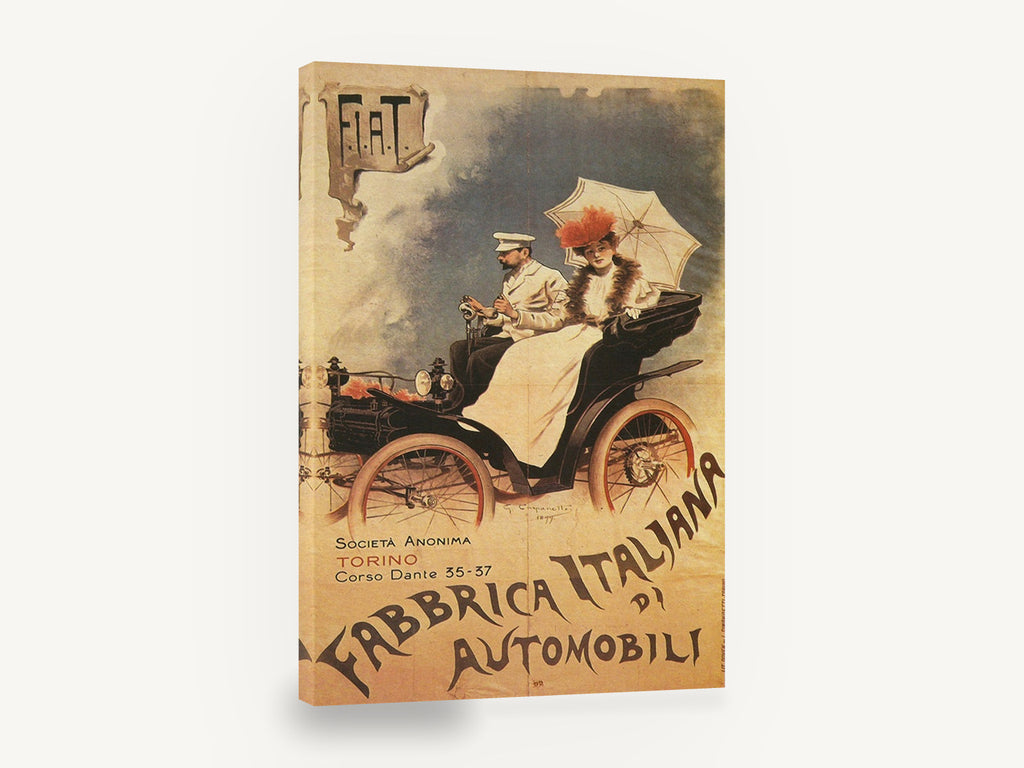 Fiat Motoring Couple, vintage fiat automobile advertising poster, stretched canvas wall art print ready to hang