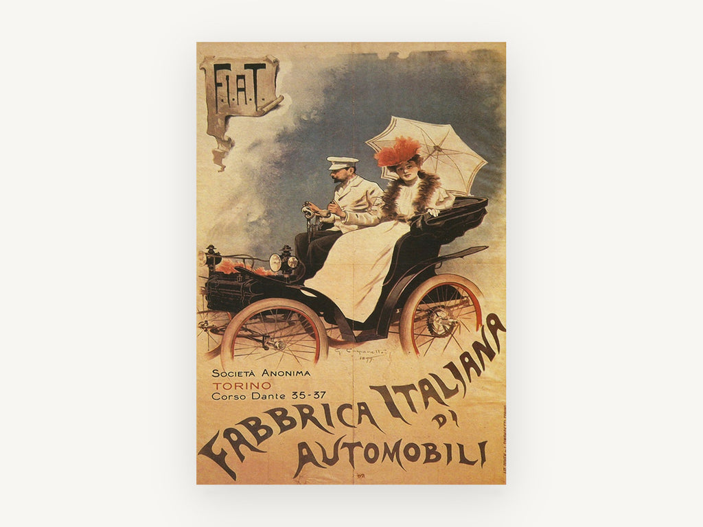 Fiat Motoring Couple, vintage canvas wall art print, front view