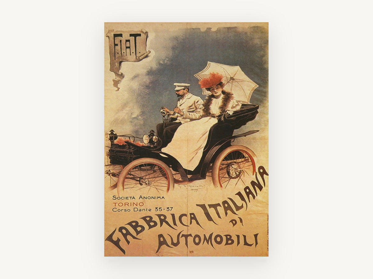 Fiat Motoring Couple, vintage canvas wall art print, front view