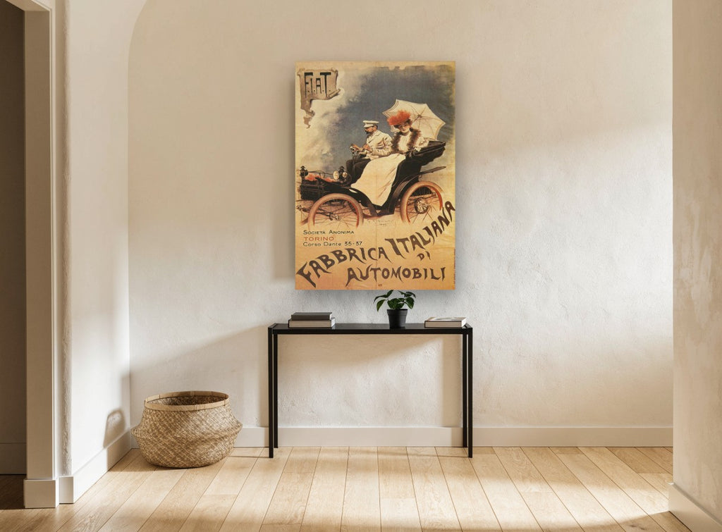 Fiat Motoring Couple vintage canvas print on the wall of a hallway