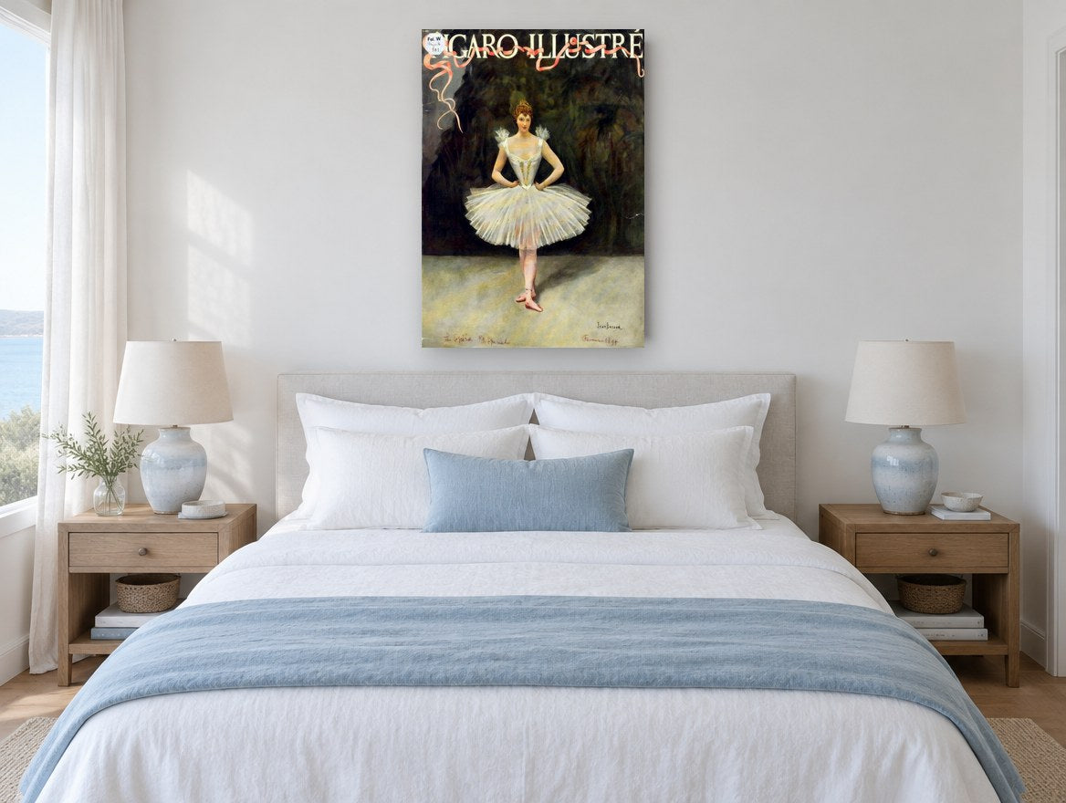 Ballerina in White Tutu vintage canvas print on the wall of a coastal bedroom