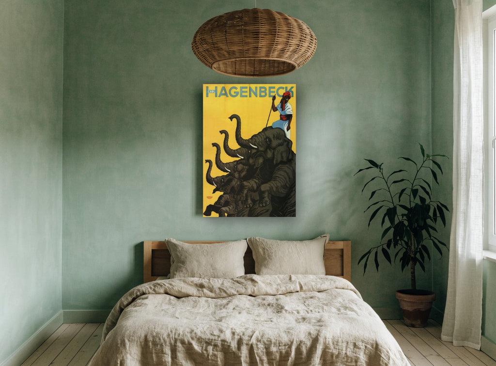 Hagenbeck Elephants Rearing vintage canvas print on the wall of a bedroom