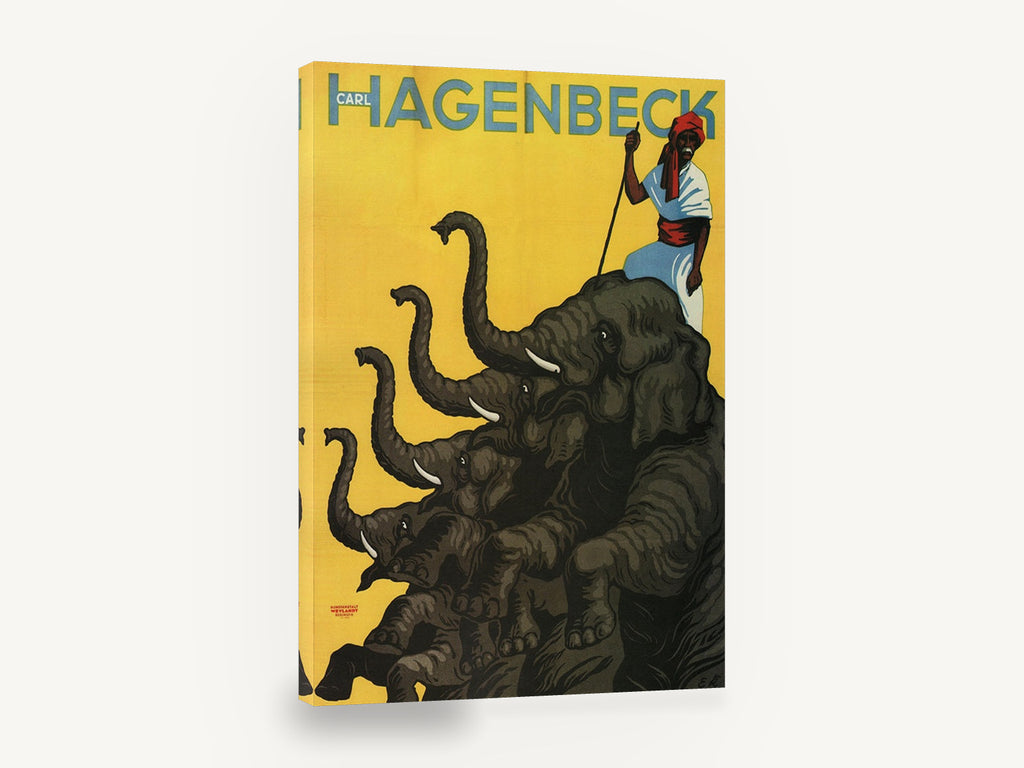 Hagenbeck Elephants Rearing, vintage circus elephant advertising poster, stretched canvas wall art print ready to hang