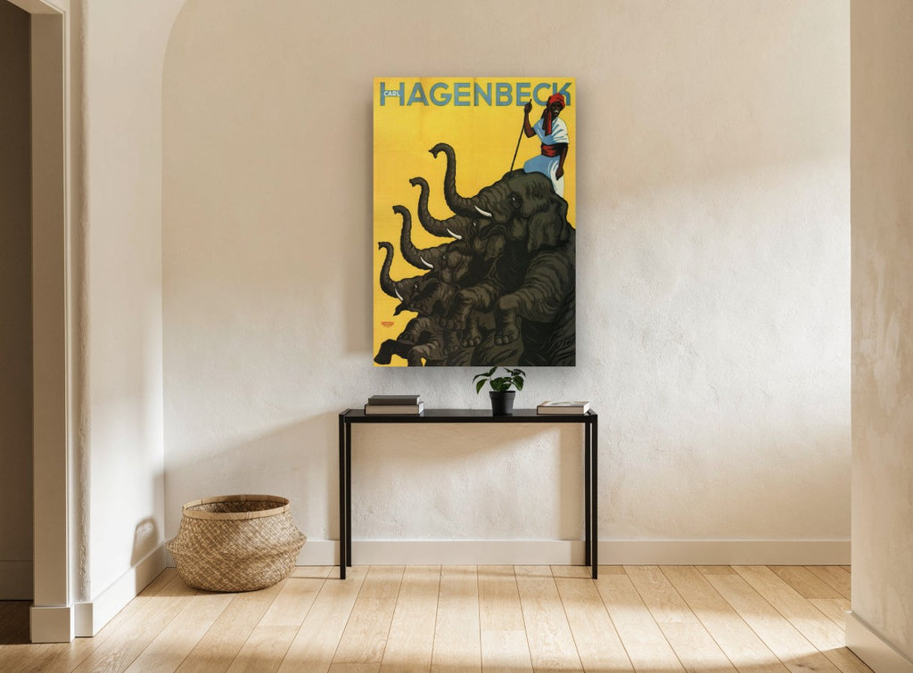 Hagenbeck Elephants Rearing vintage canvas print on the wall of a hallway