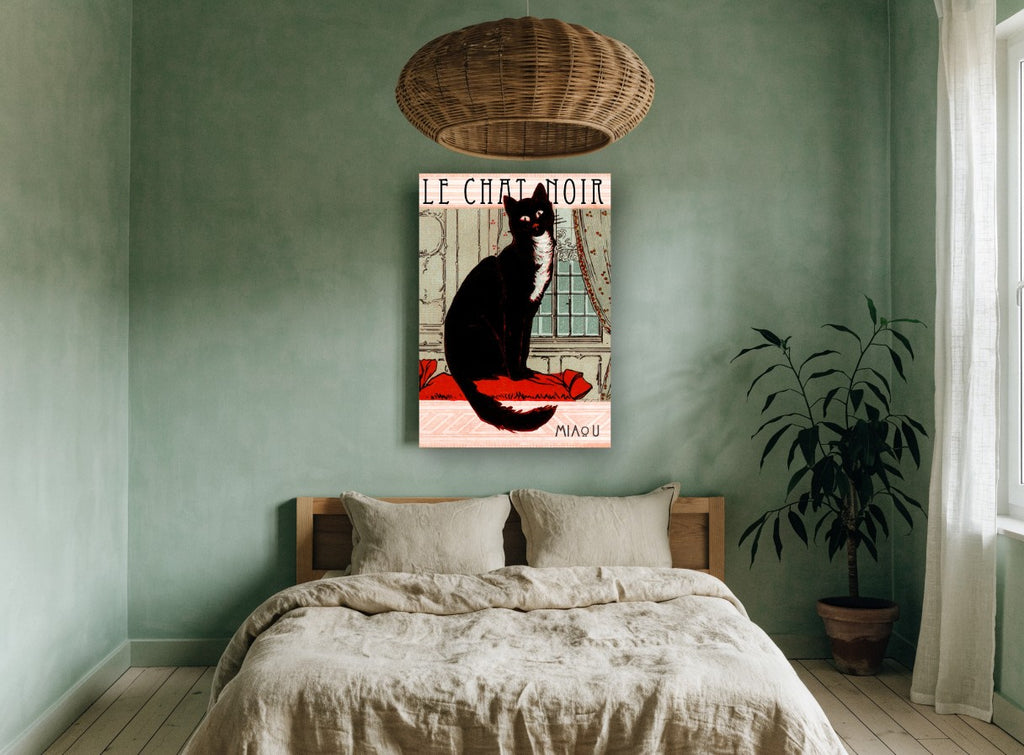 Le Chat Noir Window Seat vintage canvas print on the wall of a bedroom