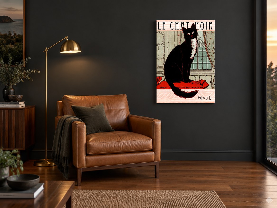 Le Chat Noir Window Seat vintage canvas print on the wall of a charcoal living room