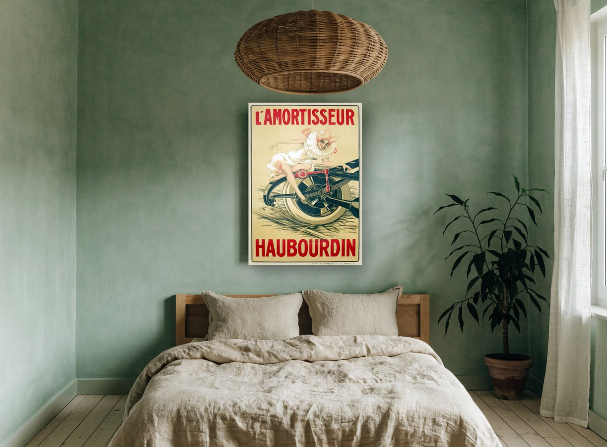 Harlequin on the Wheel vintage canvas print on the wall of a bedroom