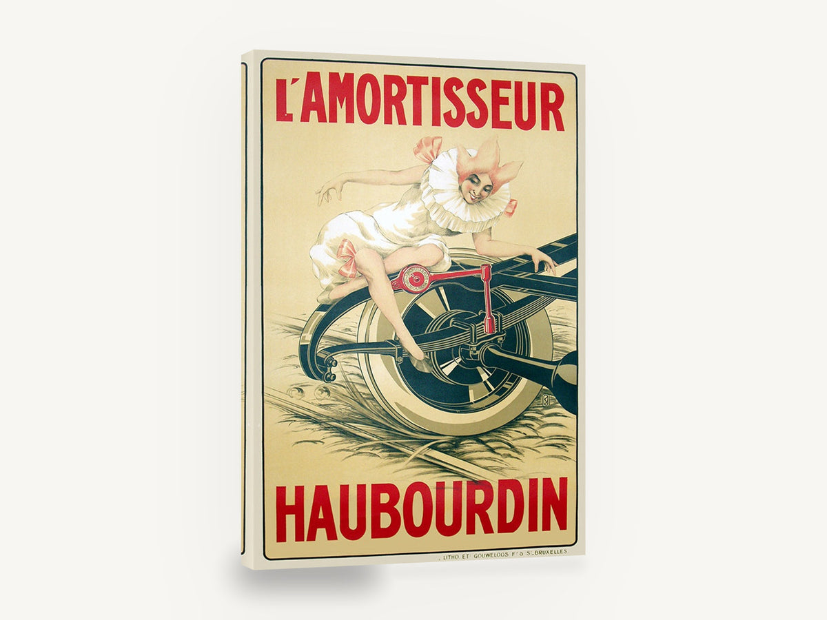 Harlequin on the Wheel, vintage french shock absorber advertising poster, stretched canvas wall art print ready to hang