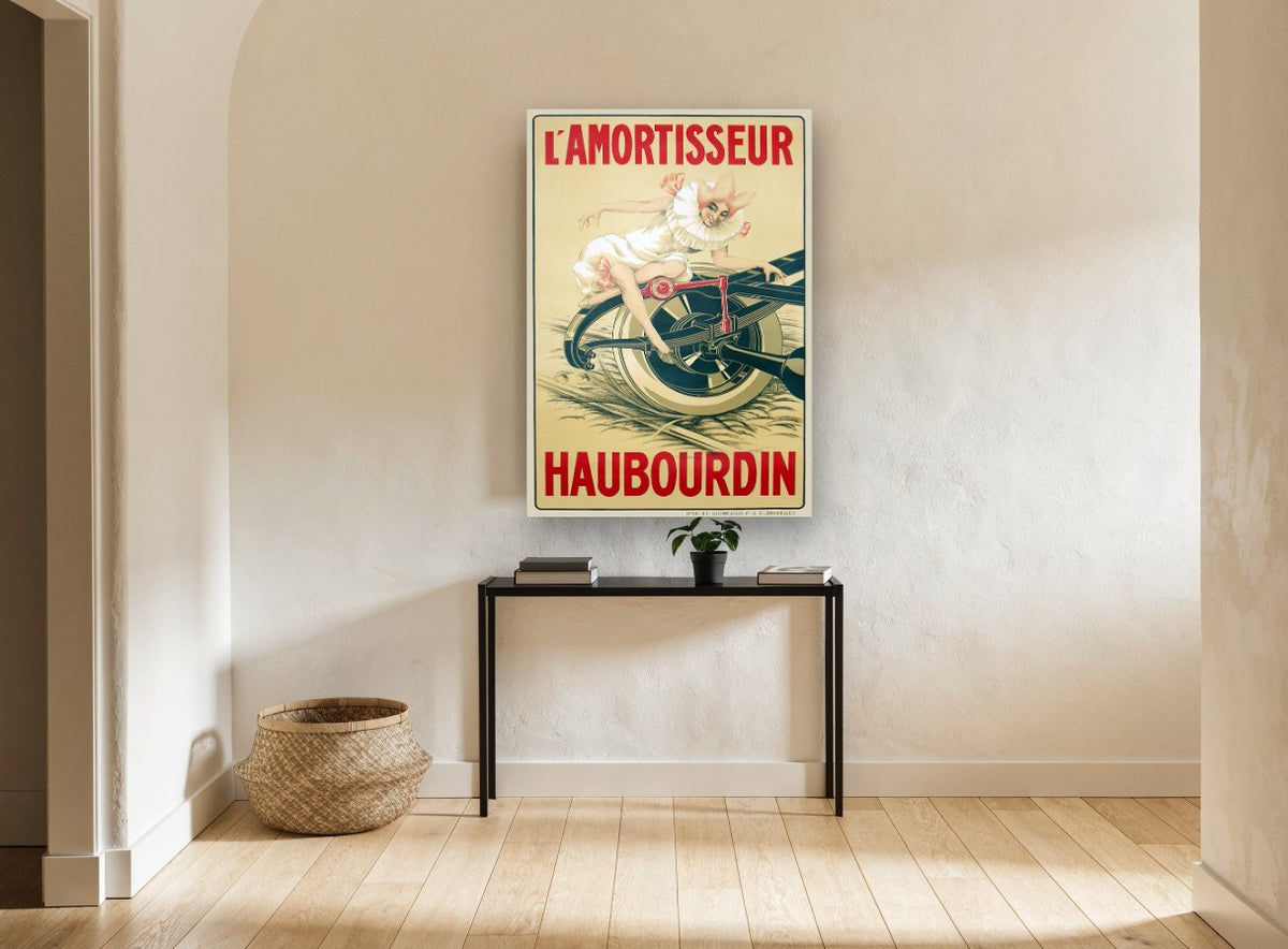 Harlequin on the Wheel vintage canvas print on the wall of a hallway