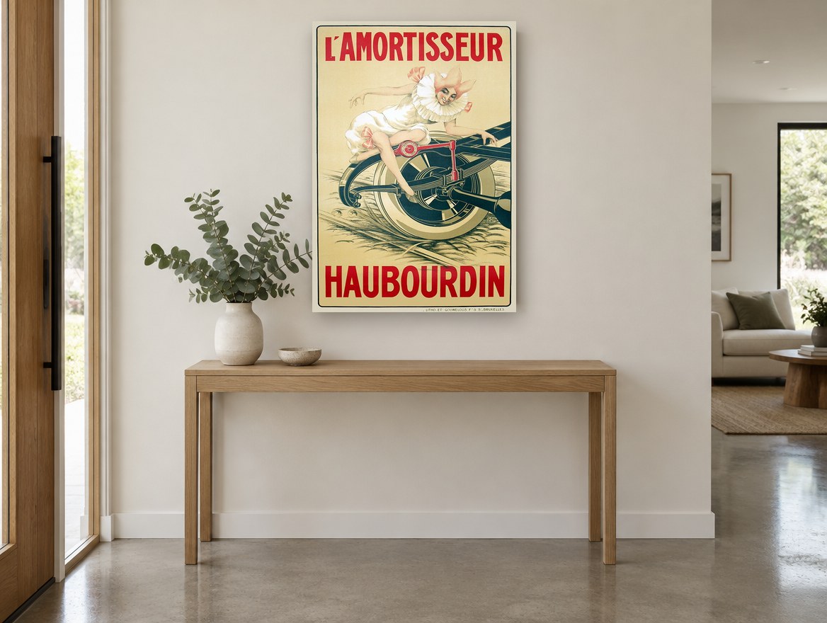 Harlequin on the Wheel vintage canvas print on the wall of a entry hall