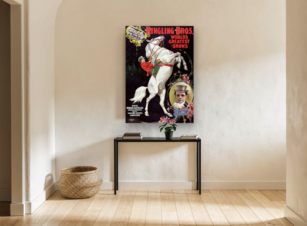 Jupiter the Rearing Horse vintage canvas print on the wall of a hallway