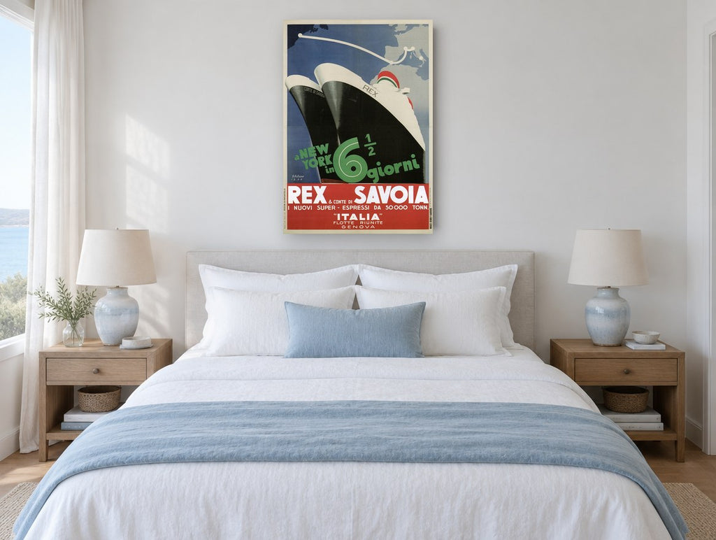 New York in Six Days vintage canvas print on the wall of a coastal bedroom