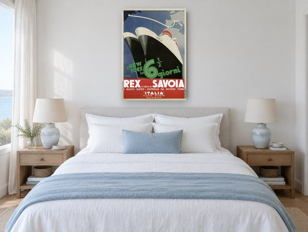 New York in Six Days vintage canvas print on the wall of a coastal bedroom