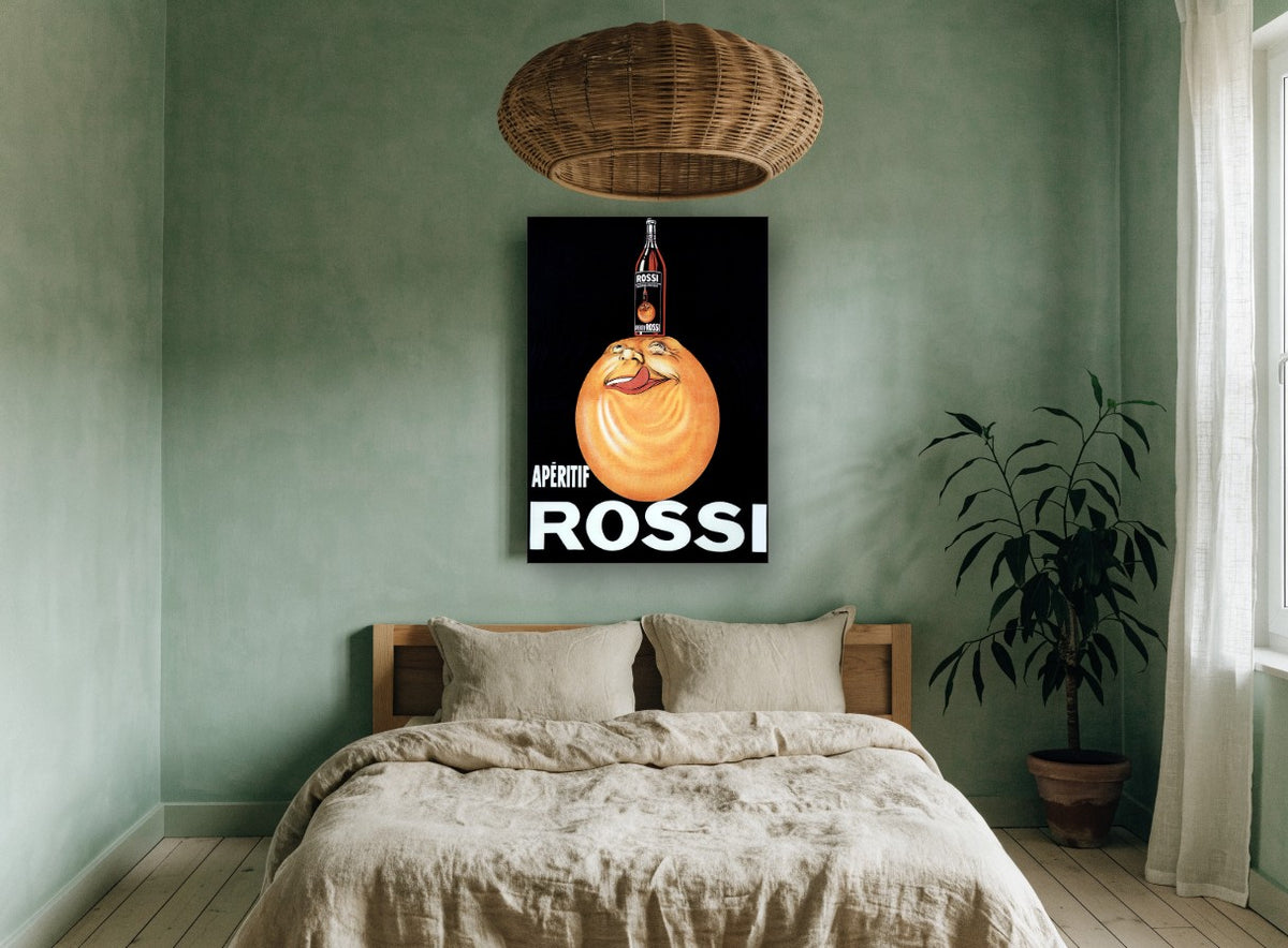 Grinning Orange Rossi vintage canvas print on the wall of a bedroom