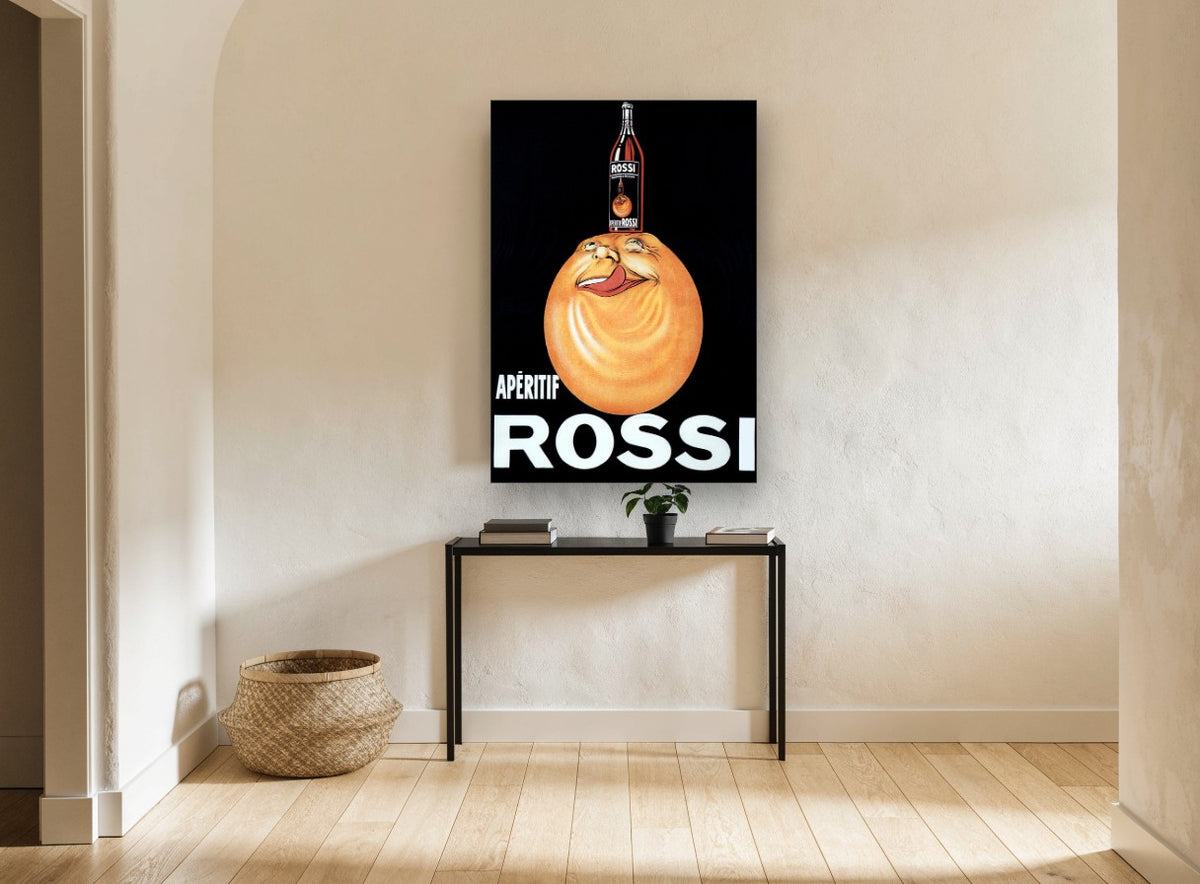 Grinning Orange Rossi vintage canvas print on the wall of a hallway