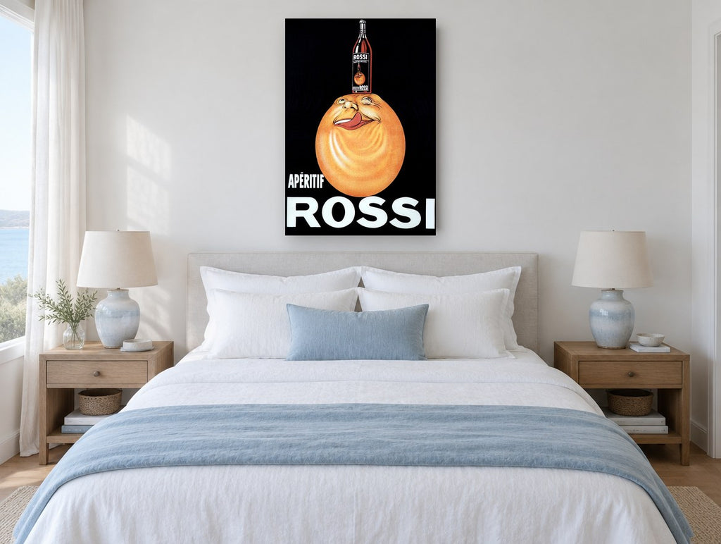 Grinning Orange Rossi vintage canvas print on the wall of a coastal bedroom