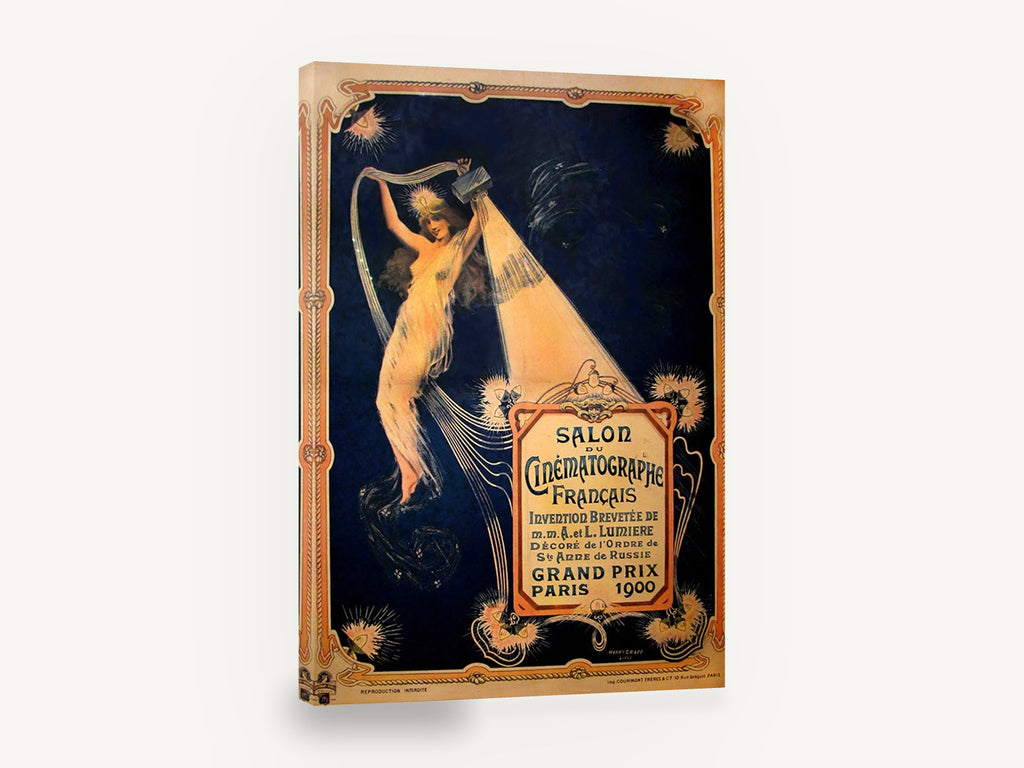 Light of the Cinématographe, vintage french cinema advertising poster, stretched canvas wall art print ready to hang